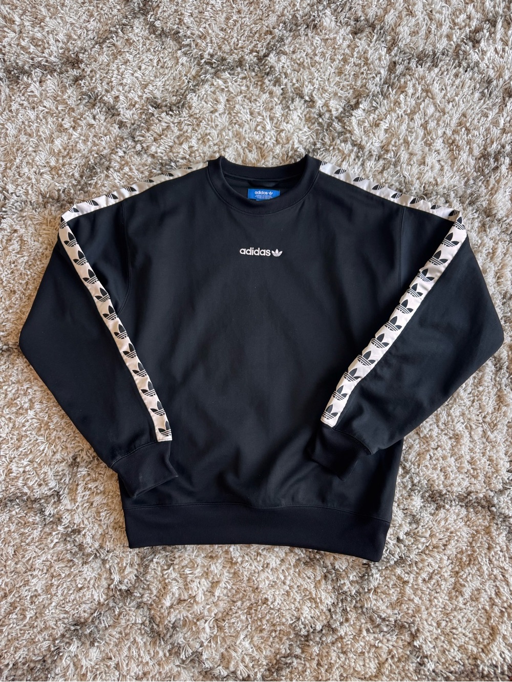 adidas Black Crewneck Sweatshirt with White Trefoil Sleeve, Size XS, Loose Fit